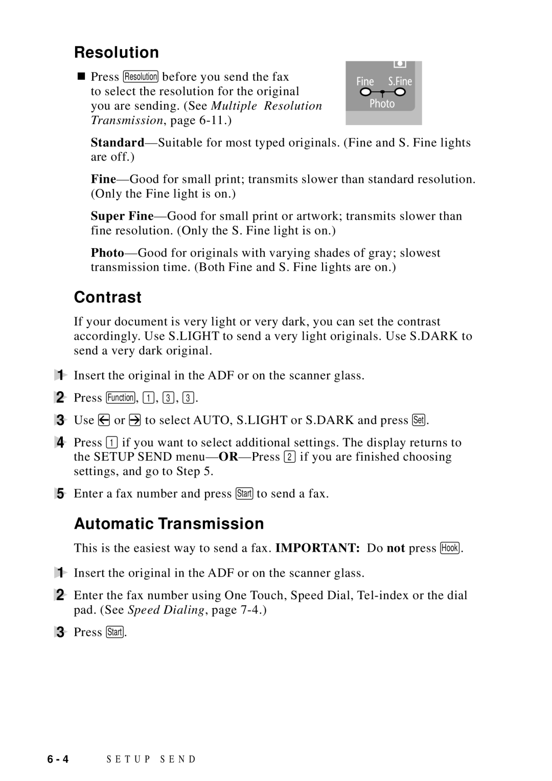 Brother MFC 9600 owner manual Resolution, Contrast, Automatic Transmission 