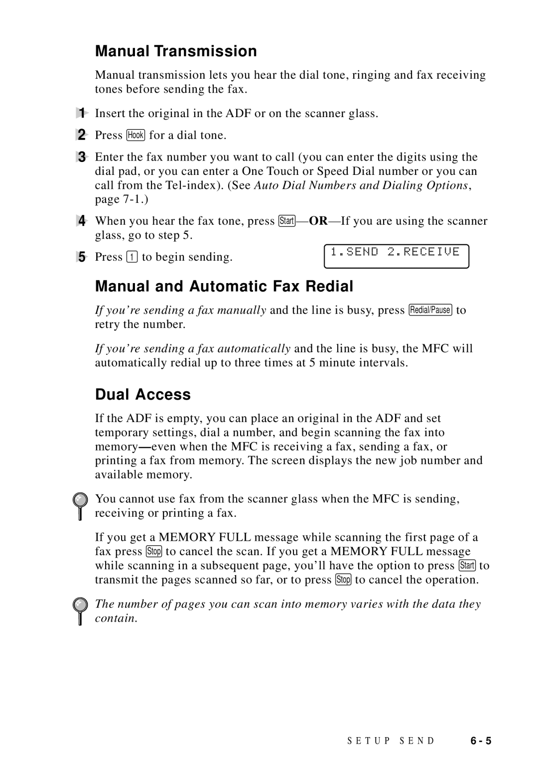 Brother MFC 9600 owner manual Manual Transmission, Manual and Automatic Fax Redial, Dual Access, Send 2.RECEIVE 