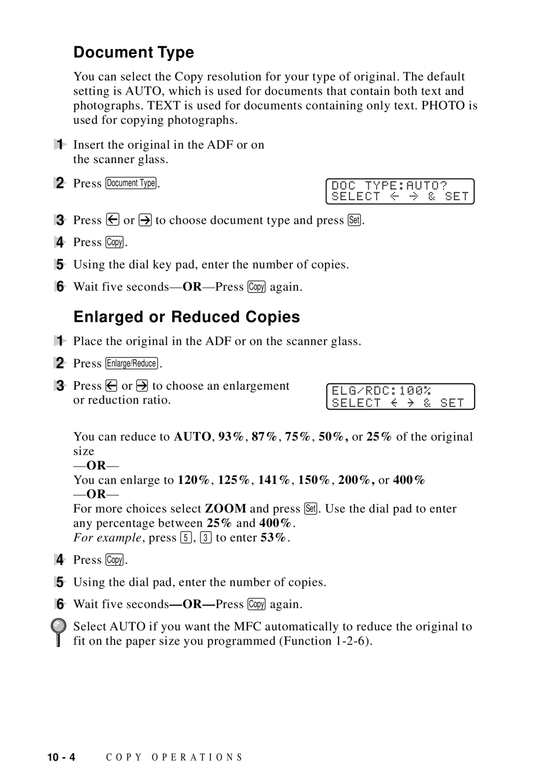 Brother MFC 9600 owner manual Document Type, Enlarged or Reduced Copies, Doc Typeauto? 