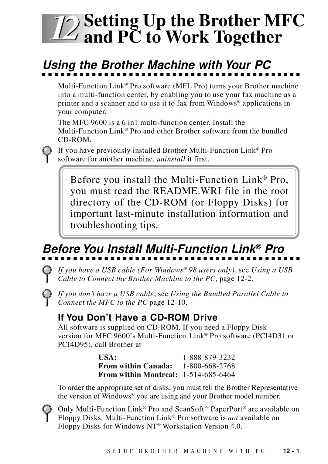 Brother MFC 9600 owner manual 12Setting Up the Brother MFC and PC to Work Together, Using the Brother Machine with Your PC 