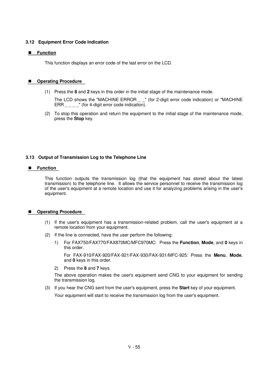 Brother FAX-931 Equipment Error Code Indication Function, Output of Transmission Log to the Telephone Line Function 