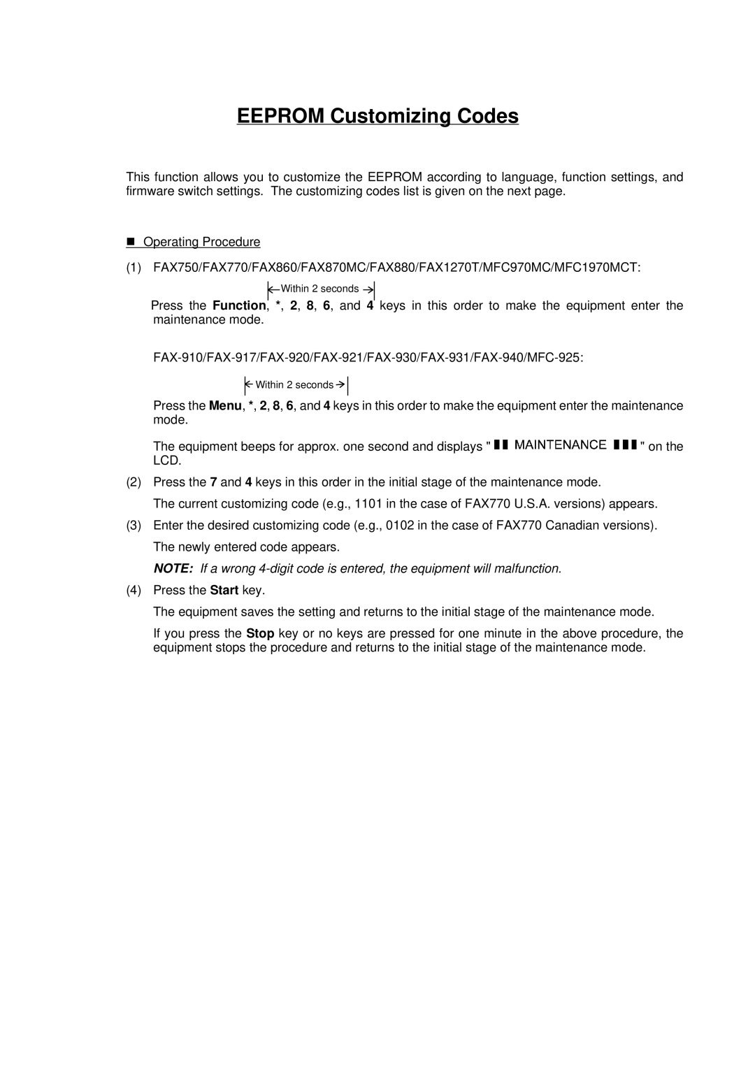 Brother FAX-921, MFC-970MC, FAX-931 service manual Eeprom Customizing Codes 