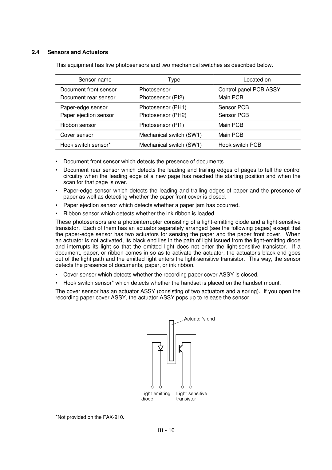 Brother FAX-921, MFC-970MC, FAX-931 service manual Sensors and Actuators 