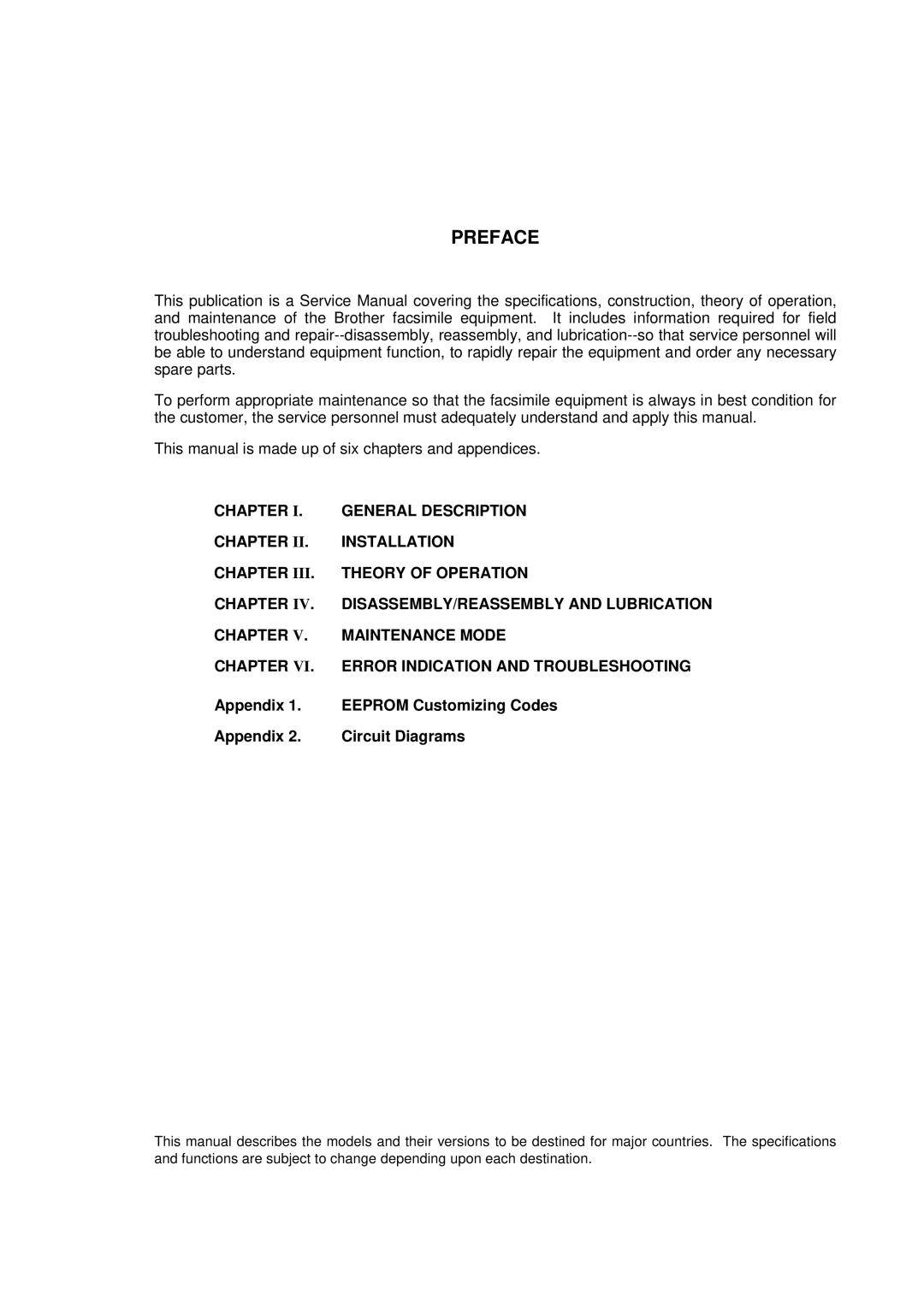 Brother MFC-970MC, FAX-931, FAX-921 service manual Preface, Appendix Eeprom Customizing Codes Circuit Diagrams 