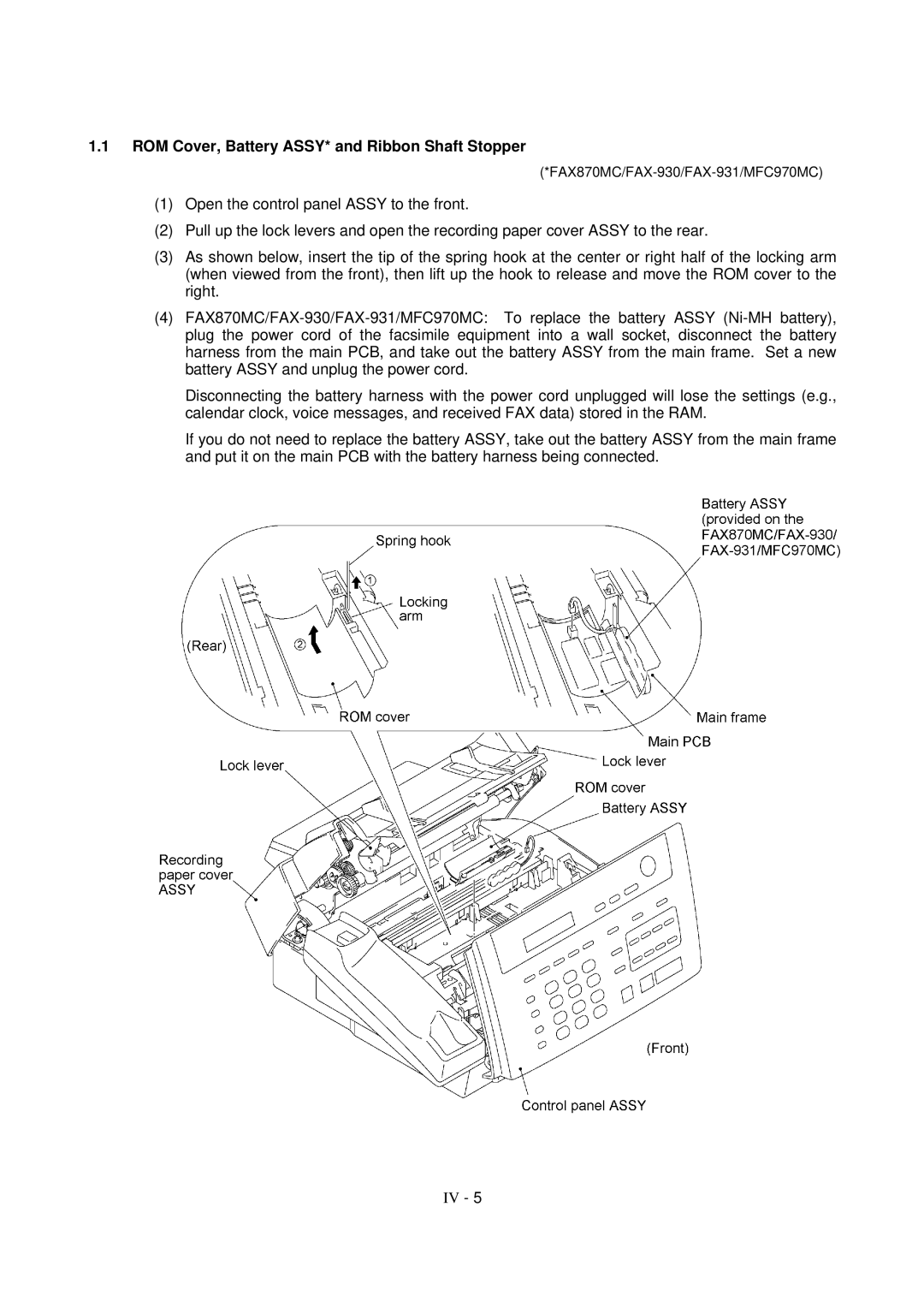 Brother MFC-970MC, FAX-931, FAX-921 service manual ROM Cover, Battery ASSY* and Ribbon Shaft Stopper 