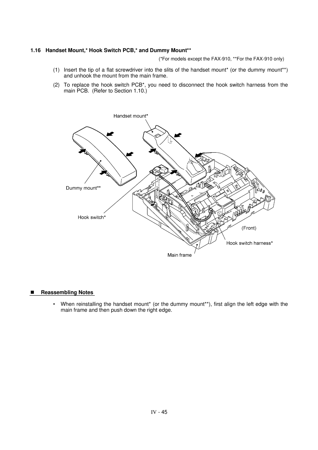 Brother FAX-931, MFC-970MC, FAX-921 service manual Handset Mount,* Hook Switch PCB,* and Dummy Mount, Reassembling Notes 