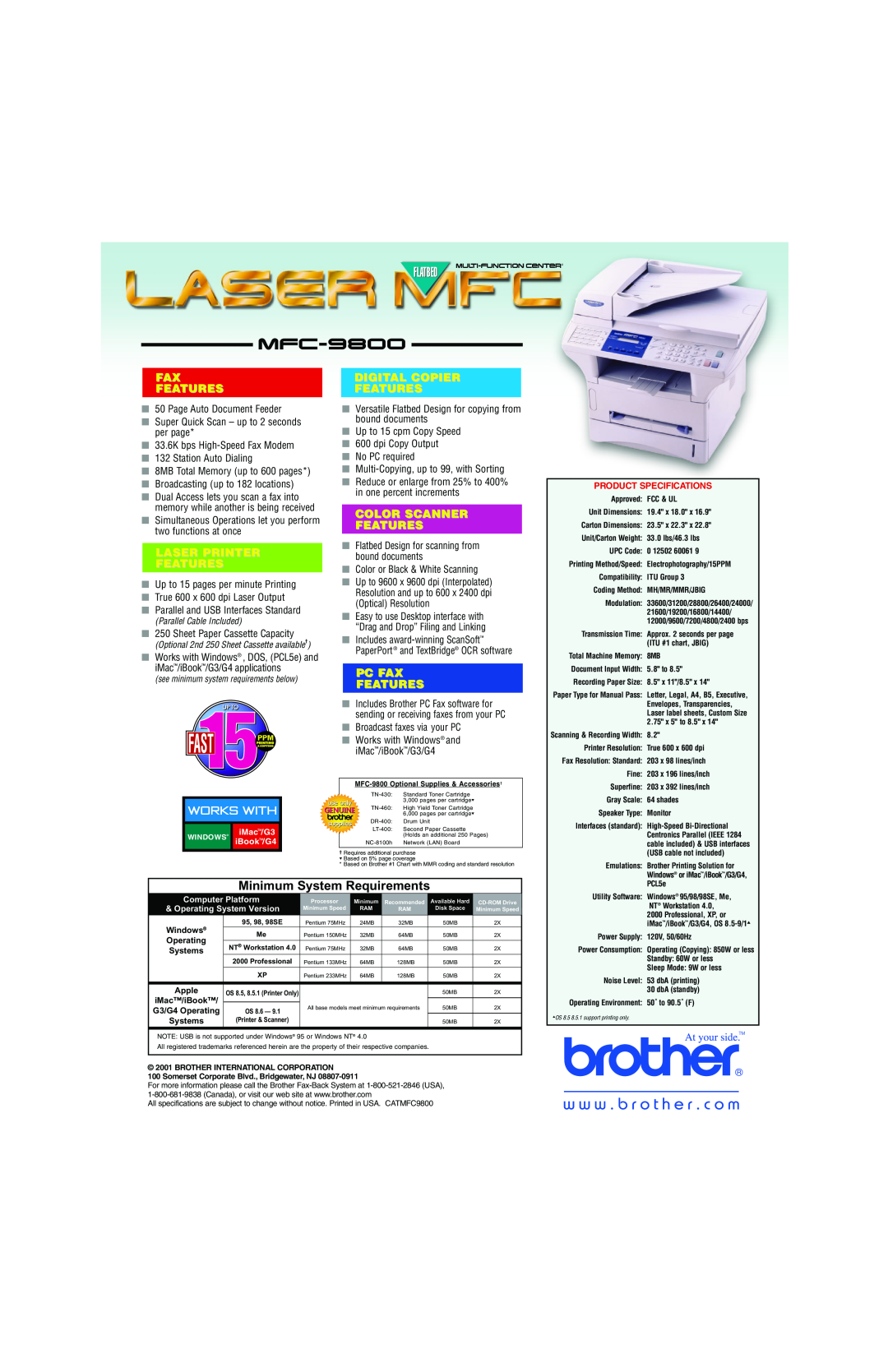 Brother MFC-9800 Minimum System Requirements, Fax Features, Laser Printer Features, Digital Copier Features, Works With 