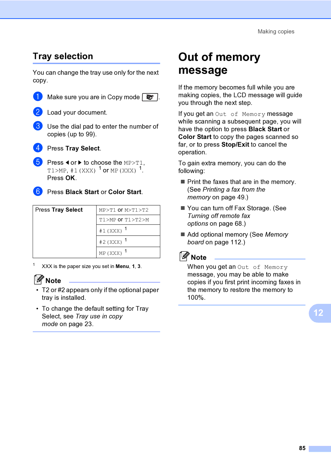 Brother MFC-9840CDW manual Out of memory message, Tray selection, Press Tray Select 