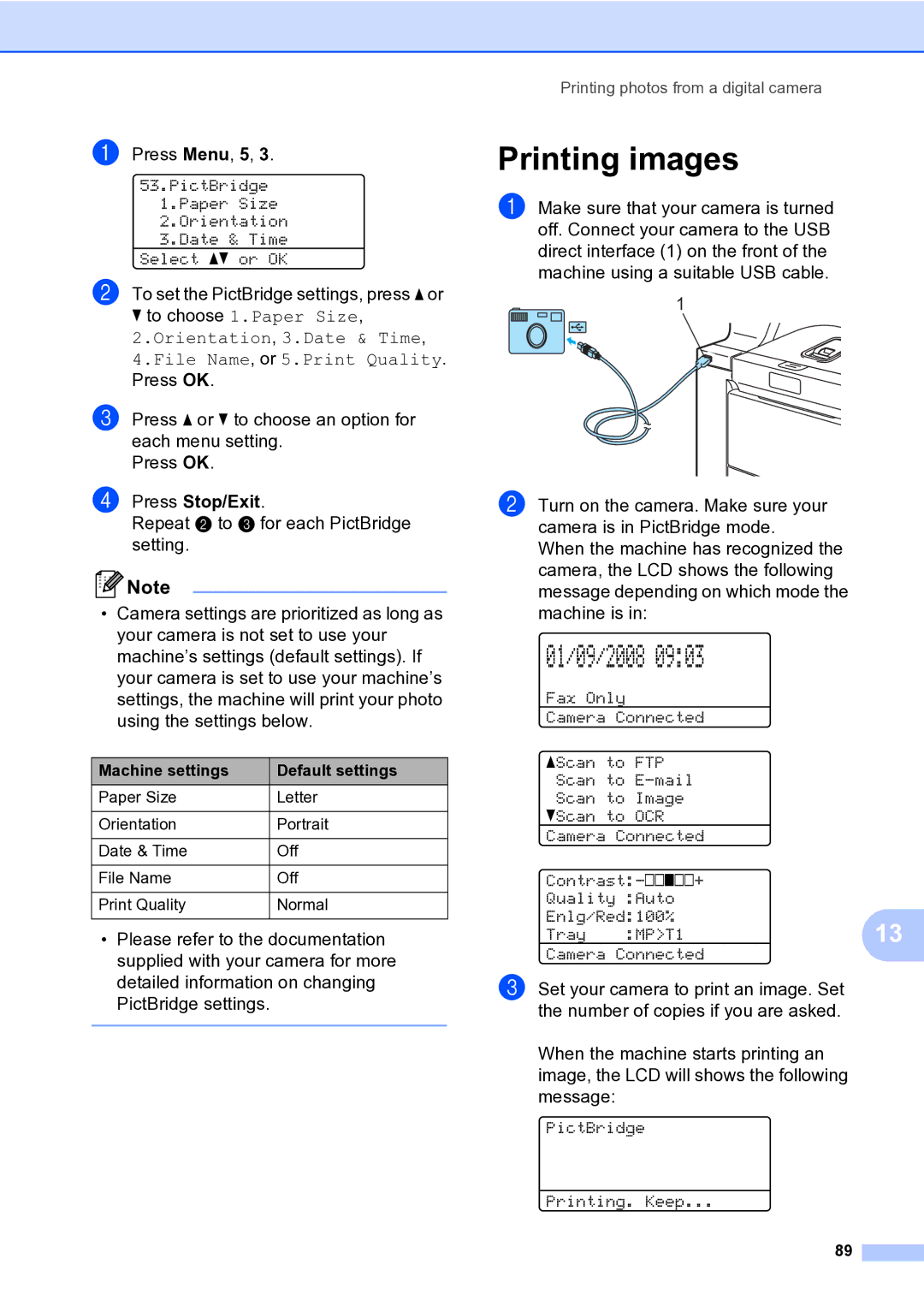 Brother MFC-9840CDW manual Printing images, Machine settings Default settings 