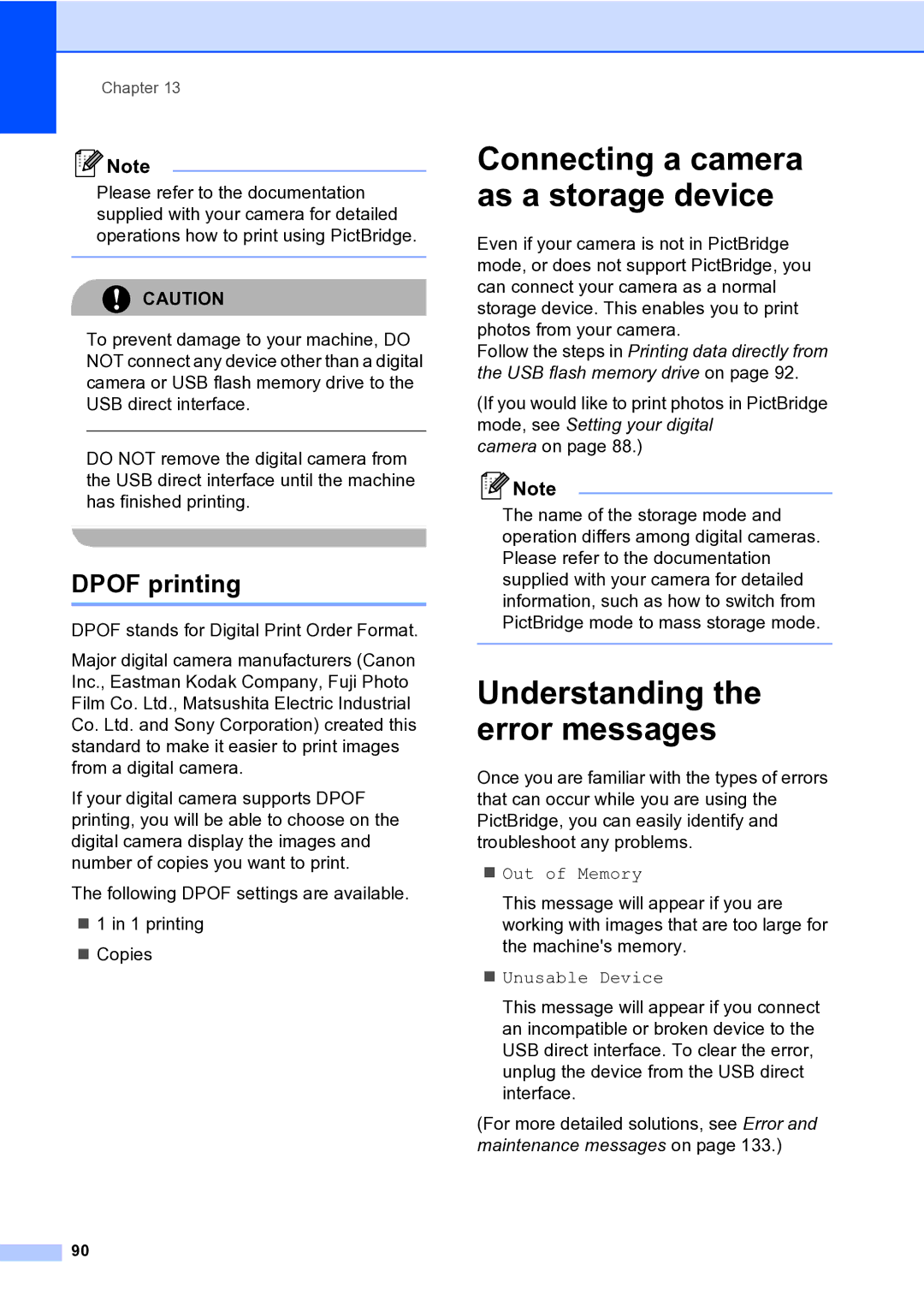 Brother MFC-9840CDW manual Connecting a camera as a storage device, Understanding the error messages, Dpof printing 