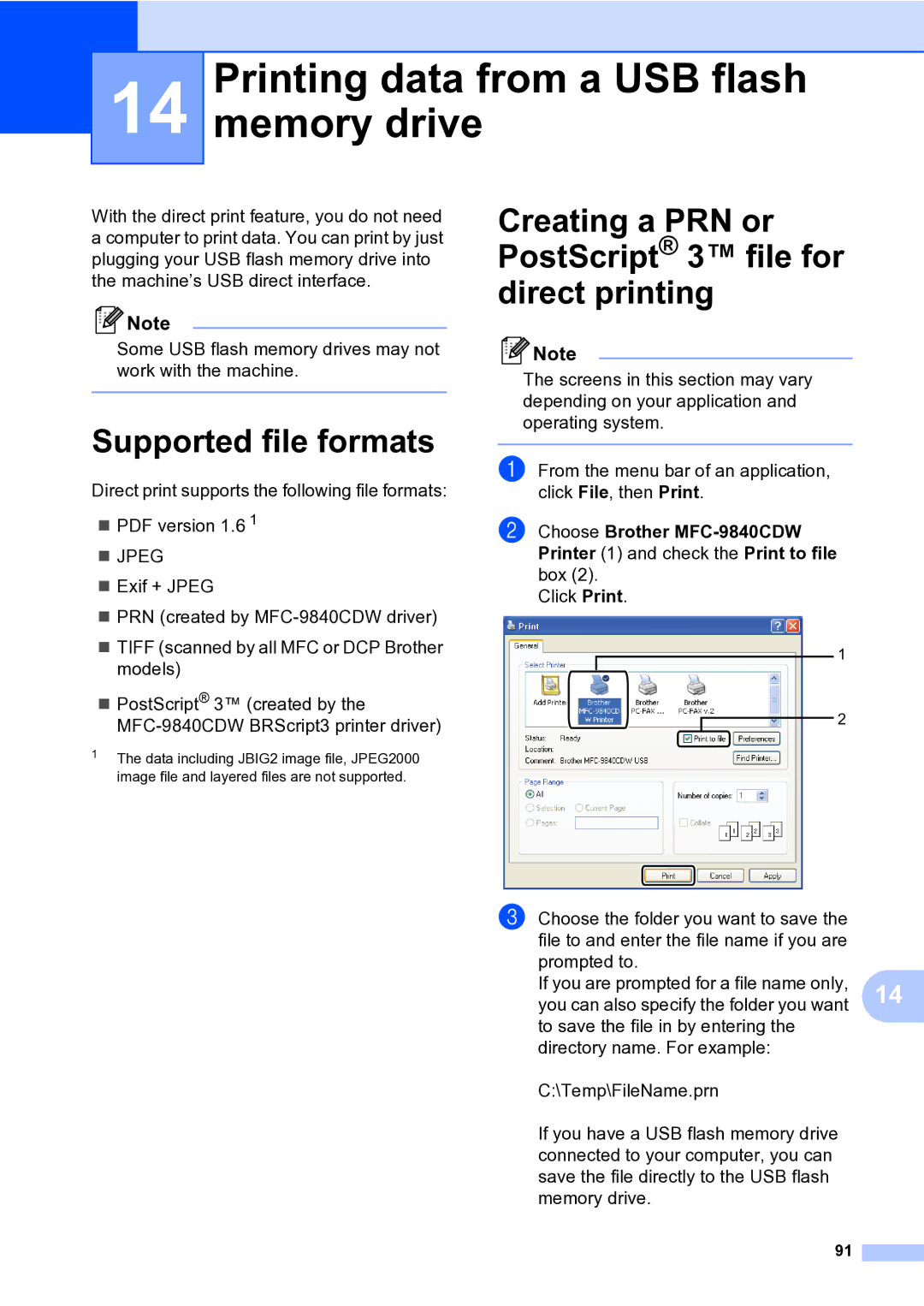 Brother MFC-9840CDW manual Printing data from a USB flash memory drive, Supported file formats 