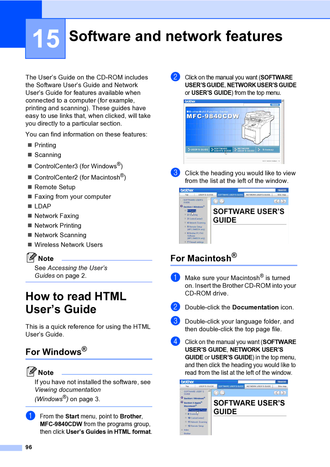 Brother MFC-9840CDW manual Software and network features, How to read Html User’s Guide, For Windows, For Macintosh 