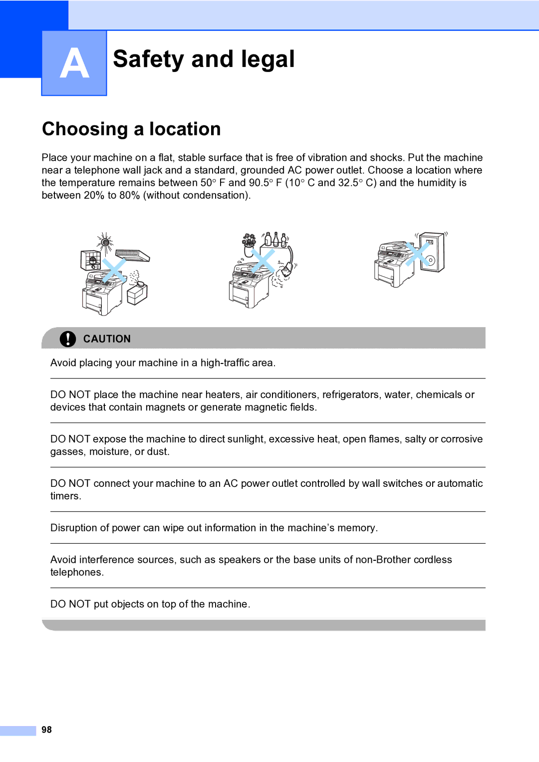 Brother MFC-9840CDW manual Safety and legal, Choosing a location 