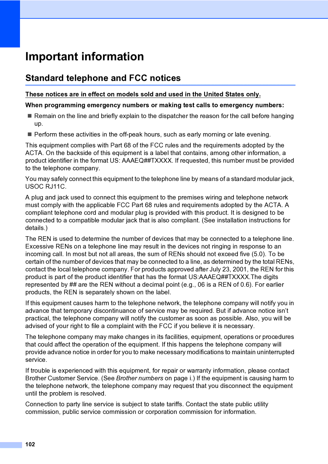 Brother MFC-9840CDW manual Important information, Standard telephone and FCC notices, 102 