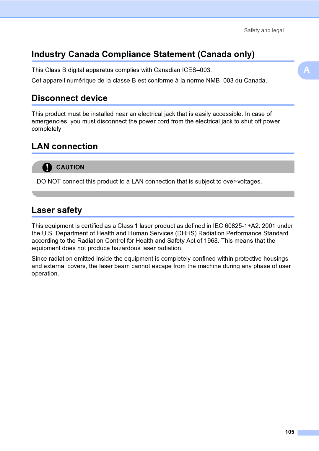 Brother MFC-9840CDW Industry Canada Compliance Statement Canada only, Disconnect device, LAN connection, Laser safety, 105 