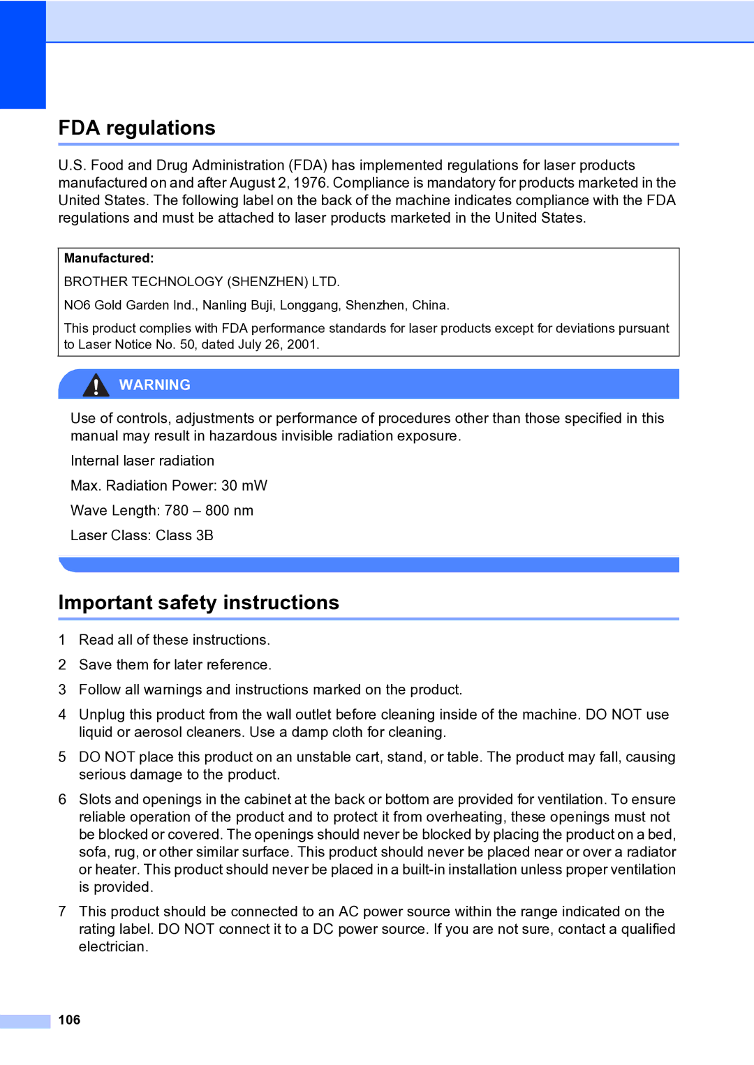 Brother MFC-9840CDW manual FDA regulations, Important safety instructions, Manufactured, 106 