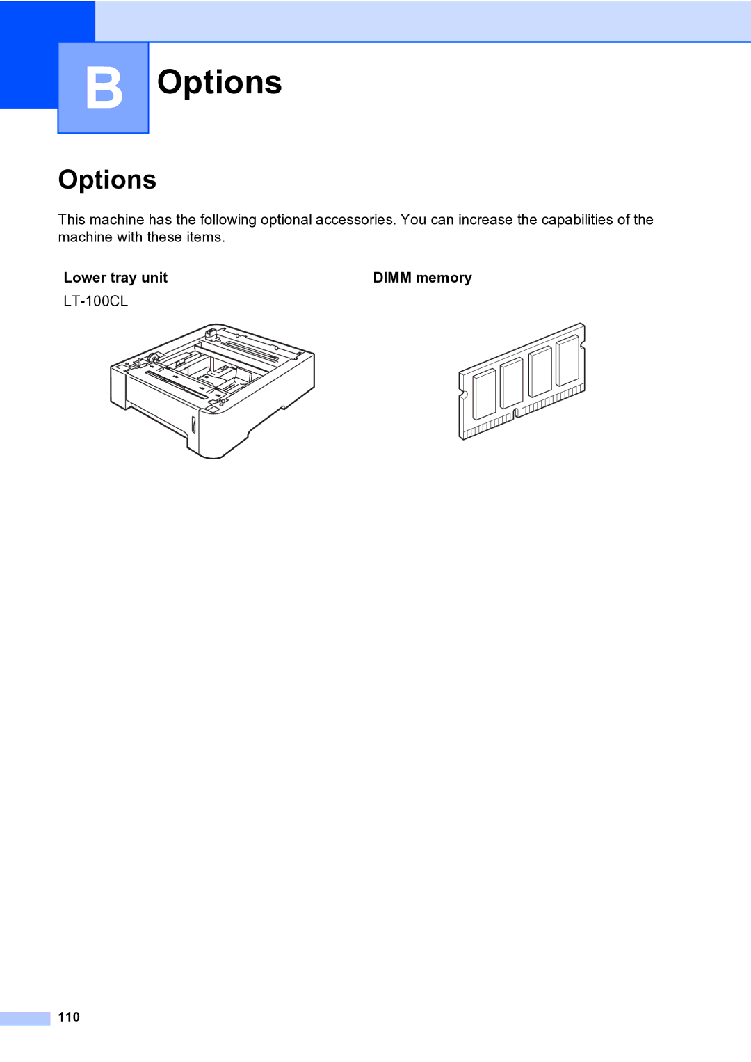 Brother MFC-9840CDW manual Options, Lower tray unit Dimm memory, 110 