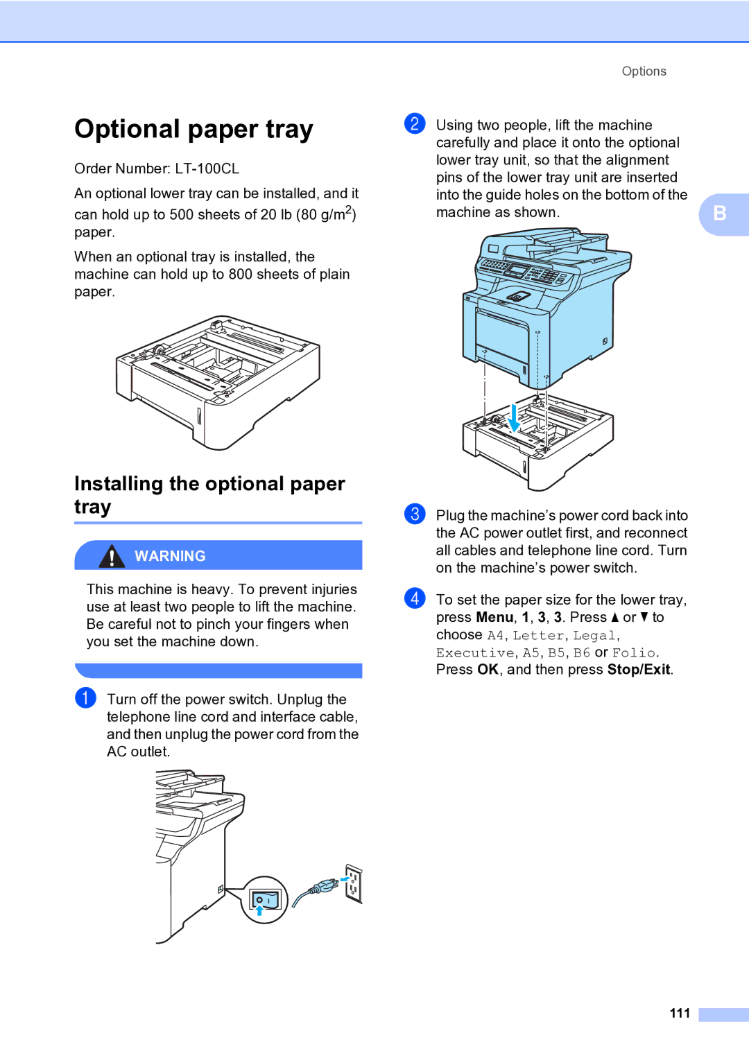 Brother MFC-9840CDW manual Optional paper tray, Installing the optional paper tray, 111 