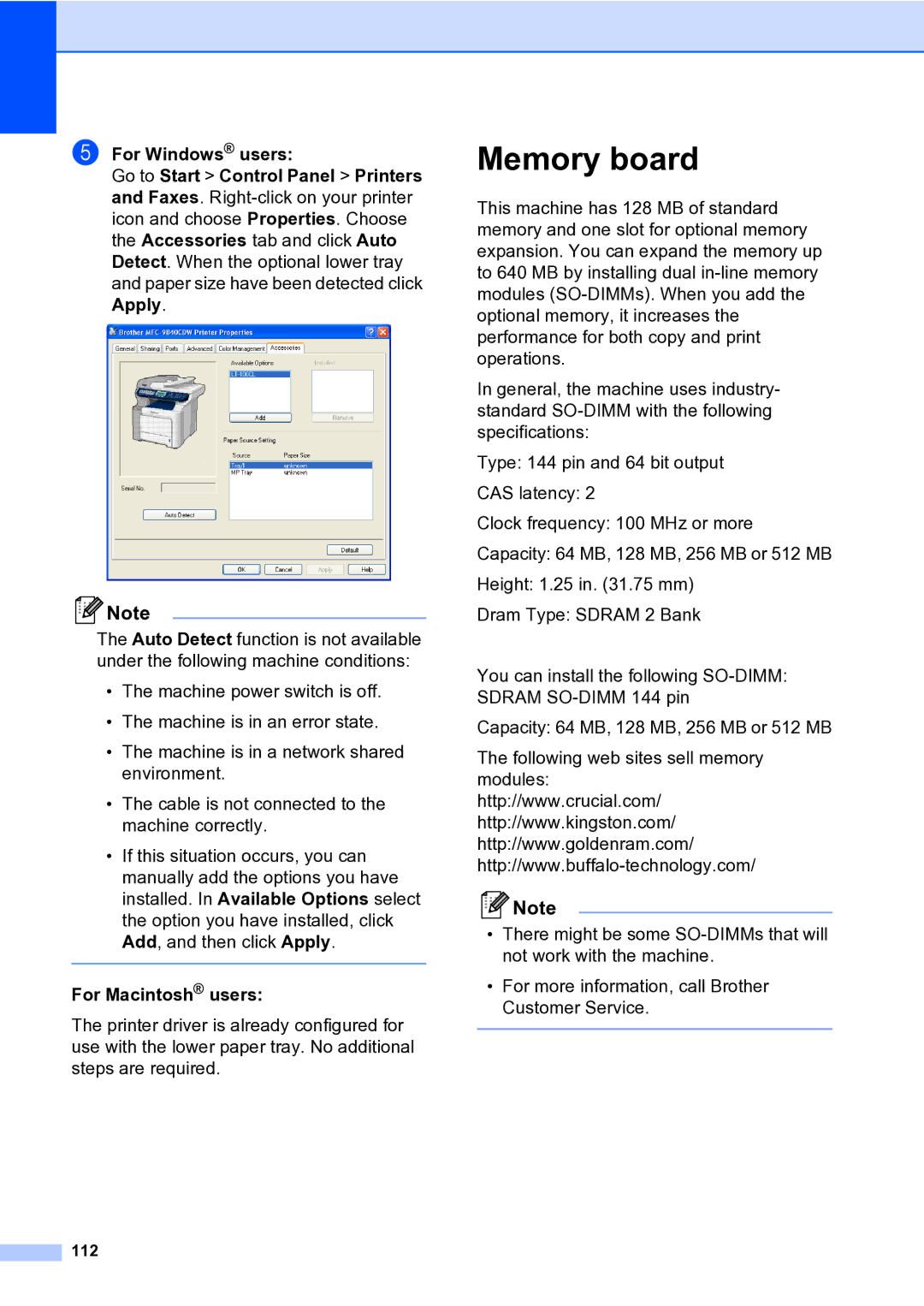 Brother MFC-9840CDW manual Memory board, For Macintosh users, 112 