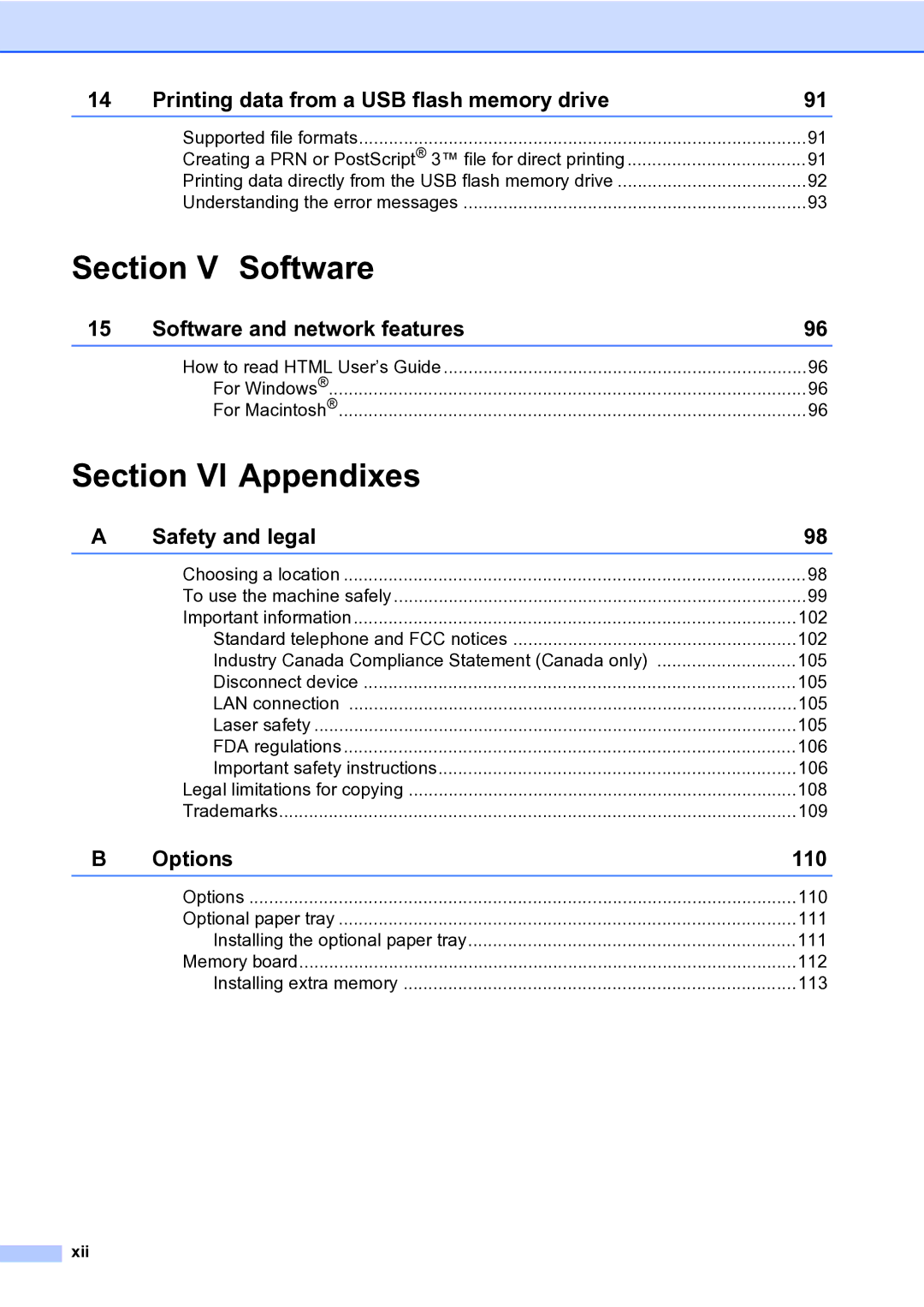 Brother MFC-9840CDW manual Section V Software, Section VI Appendixes, Xii 