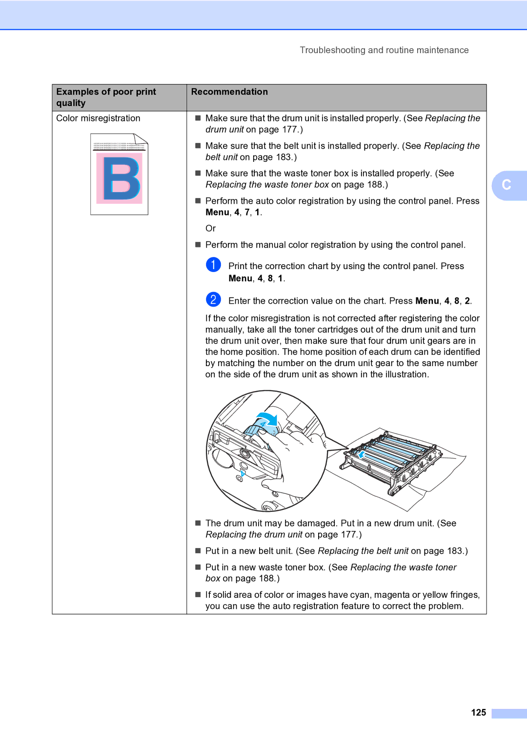 Brother MFC-9840CDW manual Enter the correction value on the chart. Press Menu, 4, 8, 125 