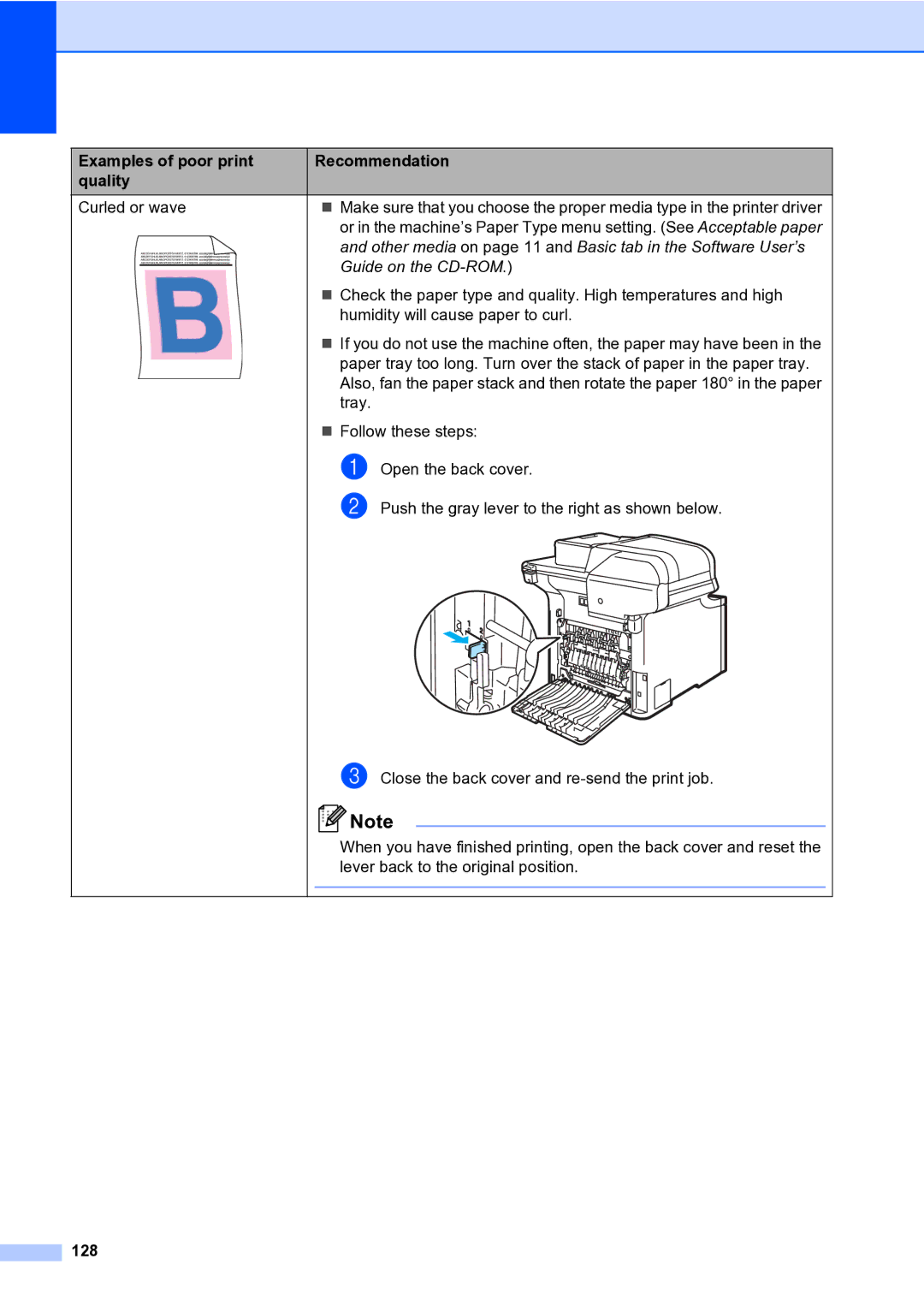 Brother MFC-9840CDW manual Curled or wave, 128 