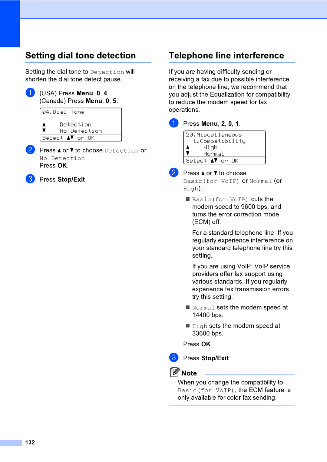 Brother MFC-9840CDW manual Setting dial tone detection, Telephone line interference, 132 