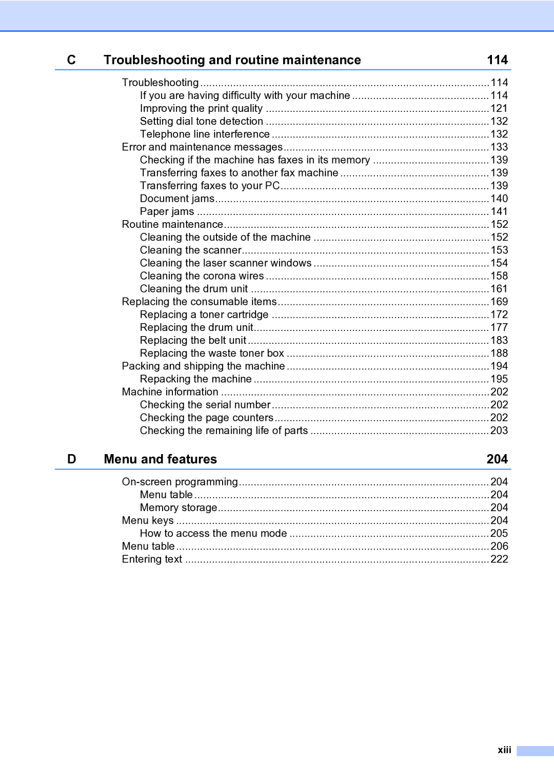 Brother MFC-9840CDW manual Troubleshooting and routine maintenance 114, Xiii 