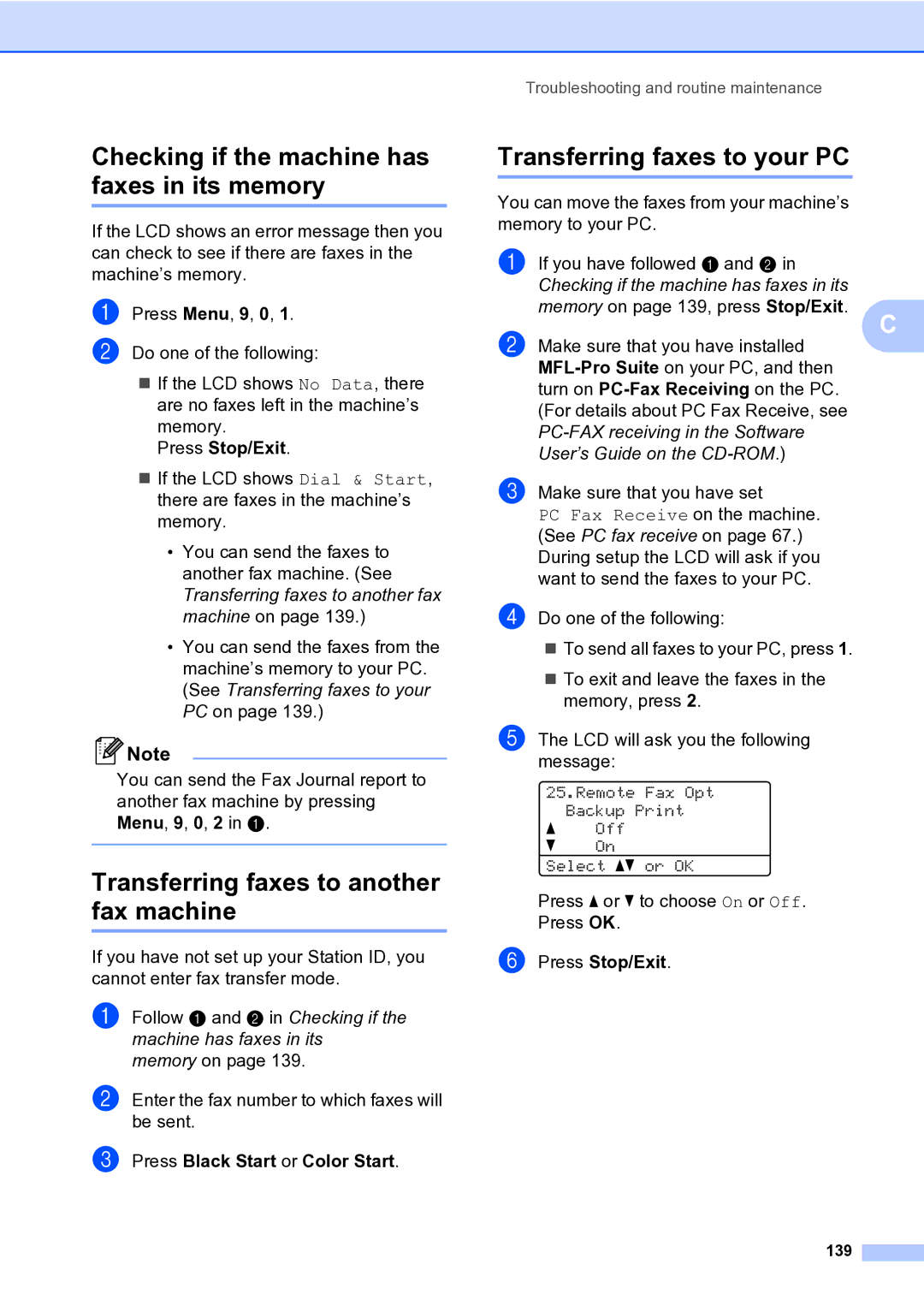 Brother MFC-9840CDW manual Checking if the machine has faxes in its memory, Transferring faxes to your PC, 139 