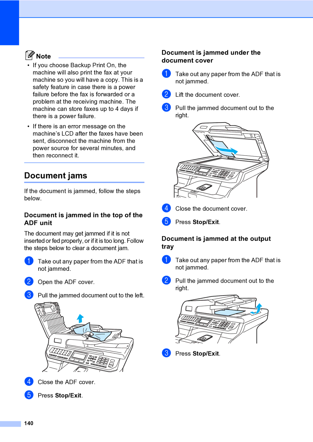 Brother MFC-9840CDW Document jams, Document is jammed in the top of the ADF unit, Document is jammed at the output tray 