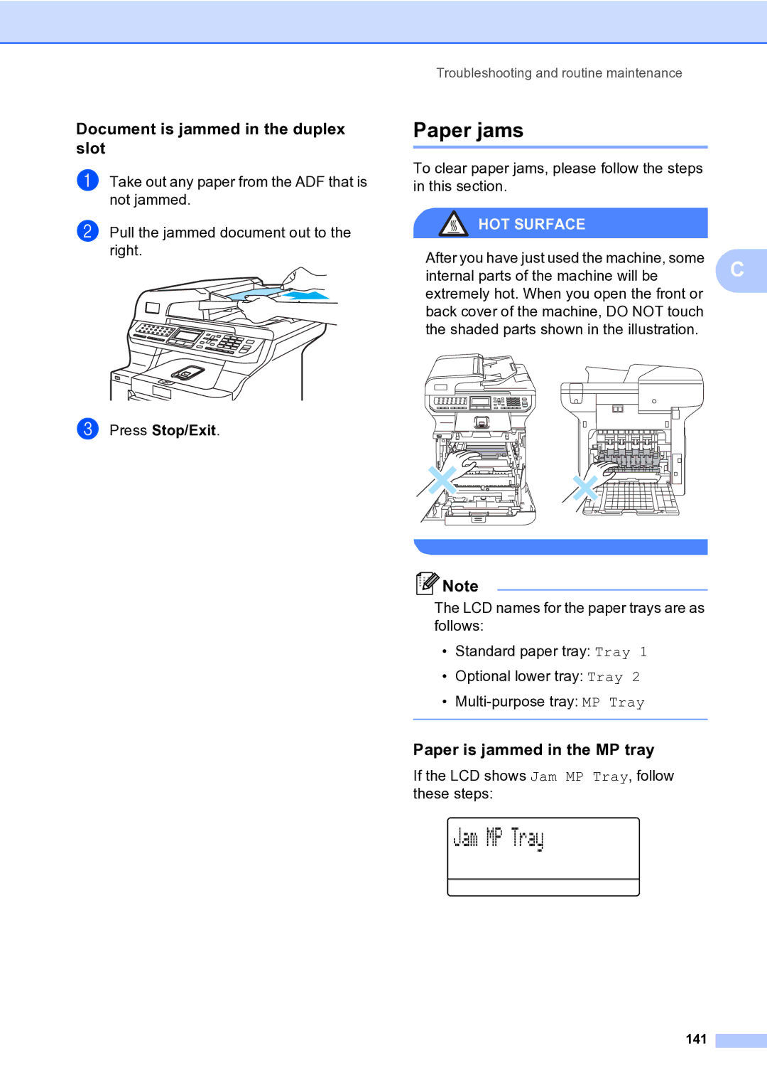 Brother MFC-9840CDW manual Paper jams, Document is jammed in the duplex slot, Paper is jammed in the MP tray, 141 