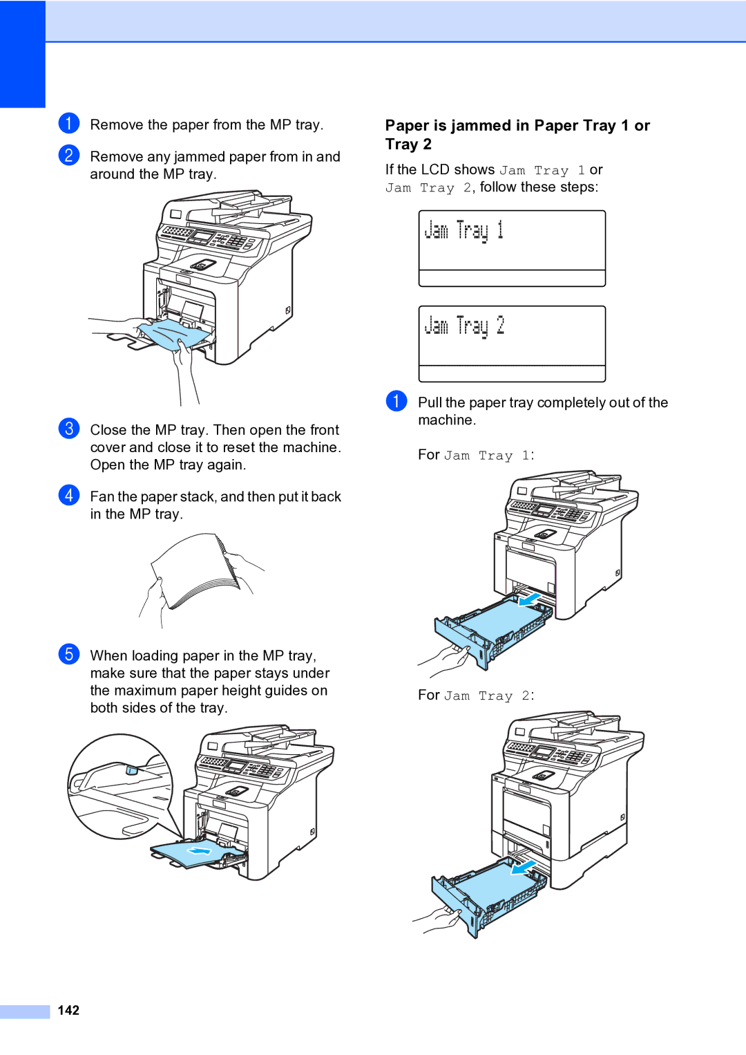 Brother MFC-9840CDW manual Paper is jammed in Paper Tray 1 or Tray, 142 