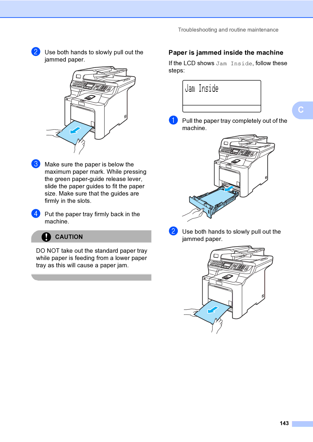 Brother MFC-9840CDW manual Paper is jammed inside the machine, 143 