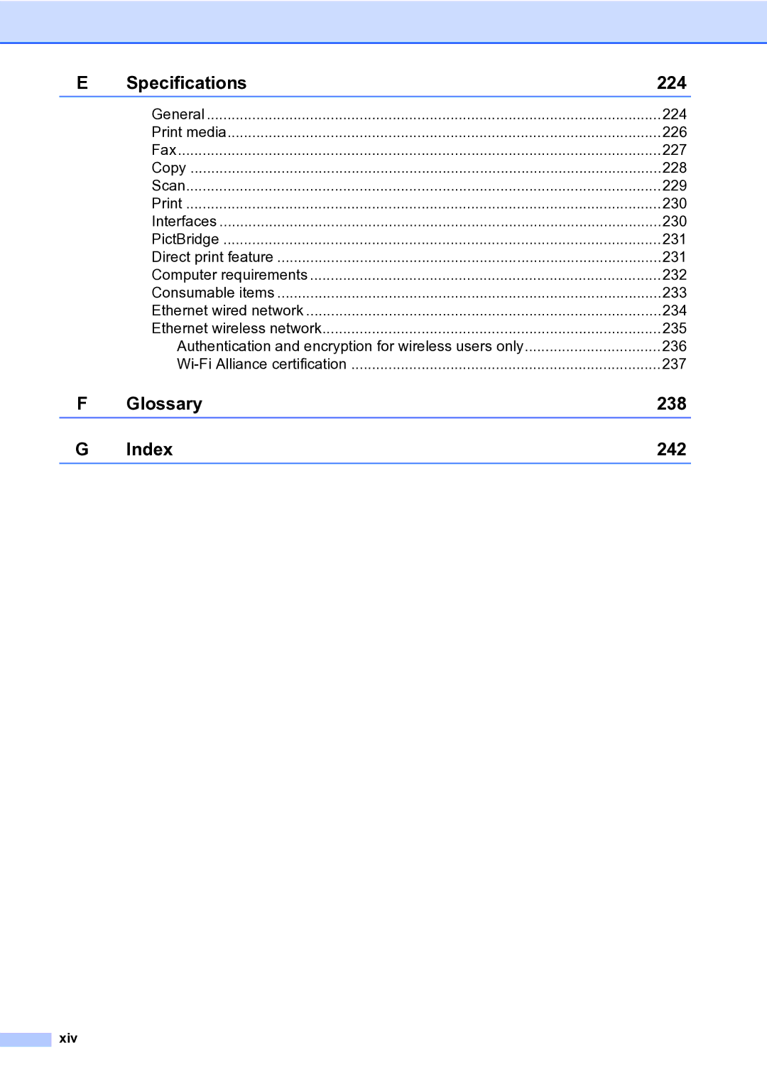 Brother MFC-9840CDW manual Specifications 224, Xiv 