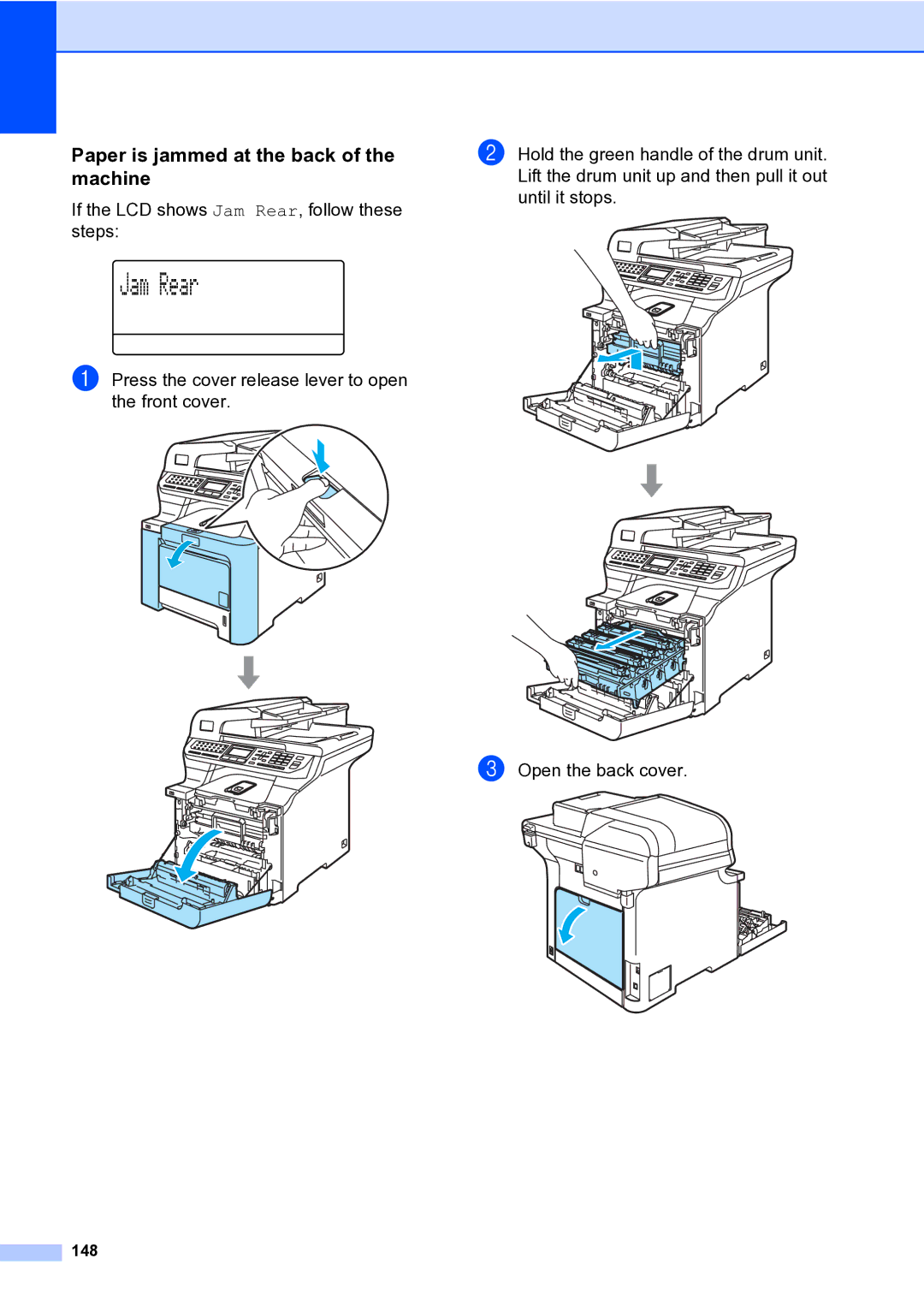 Brother MFC-9840CDW manual Paper is jammed at the back of the machine, 148 