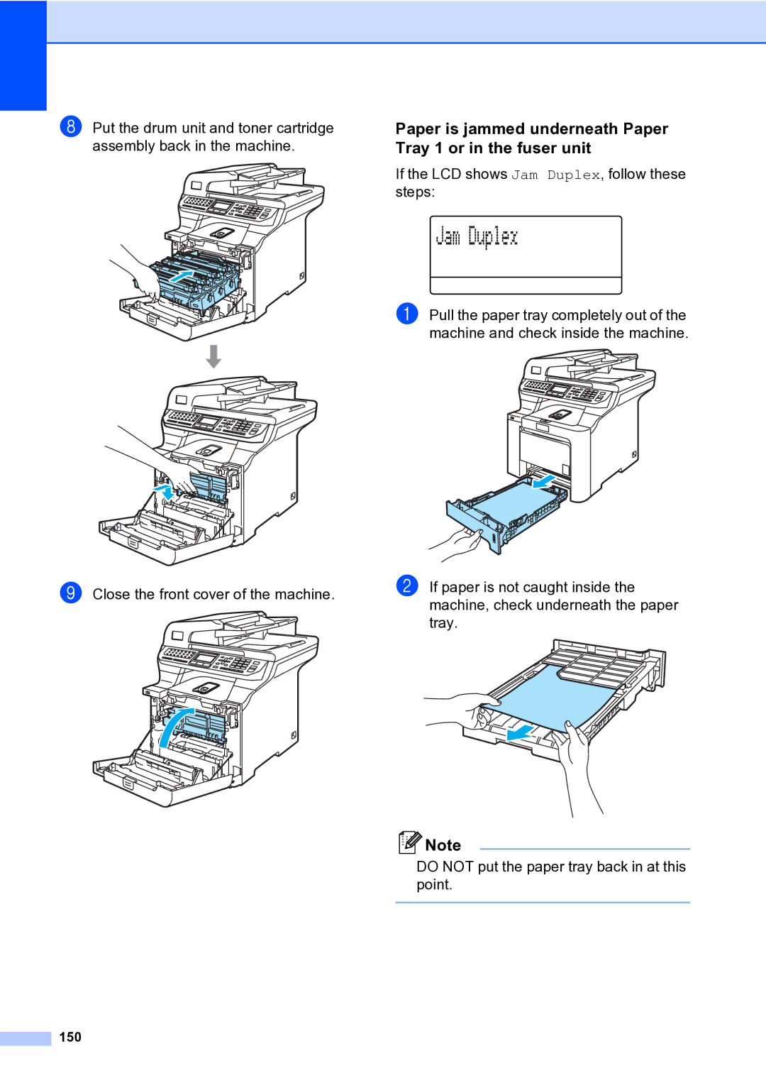 Brother MFC-9840CDW manual Paper is jammed underneath Paper Tray 1 or in the fuser unit, 150 