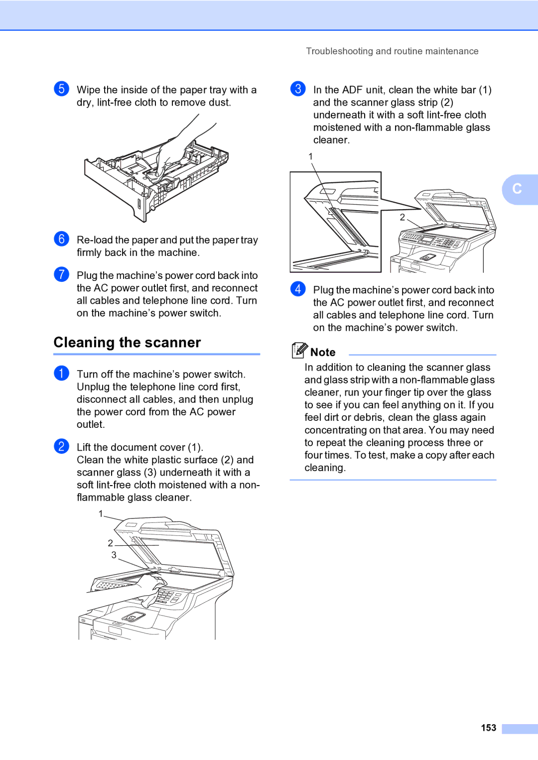 Brother MFC-9840CDW manual Cleaning the scanner, 153 