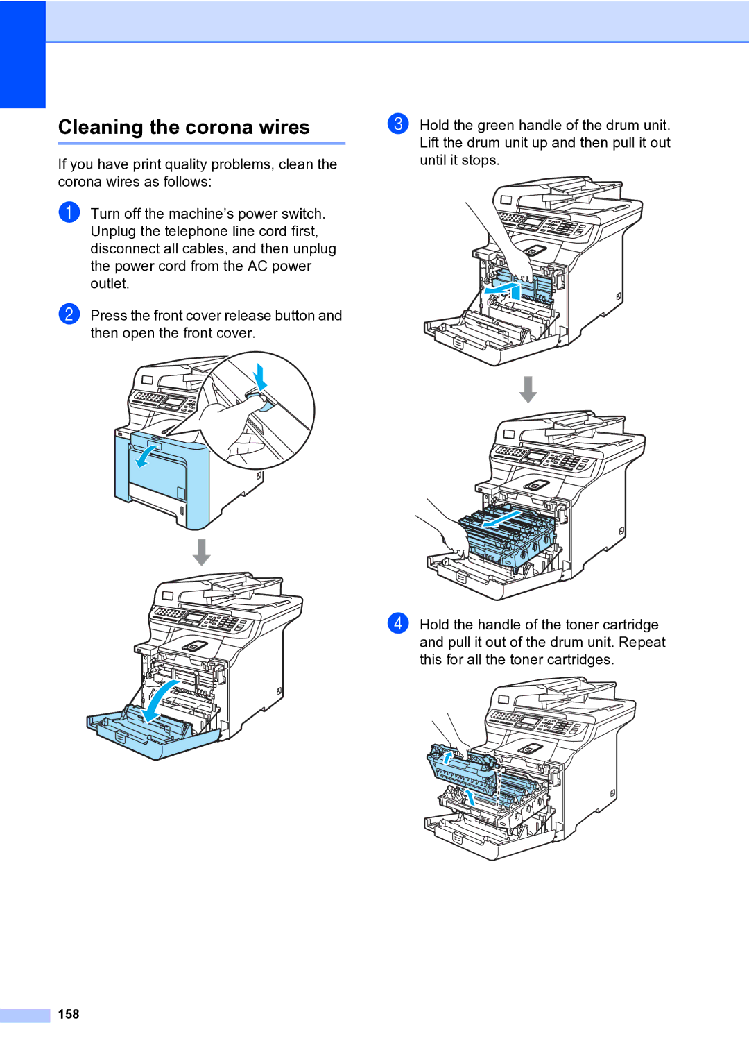 Brother MFC-9840CDW manual Cleaning the corona wires, 158 