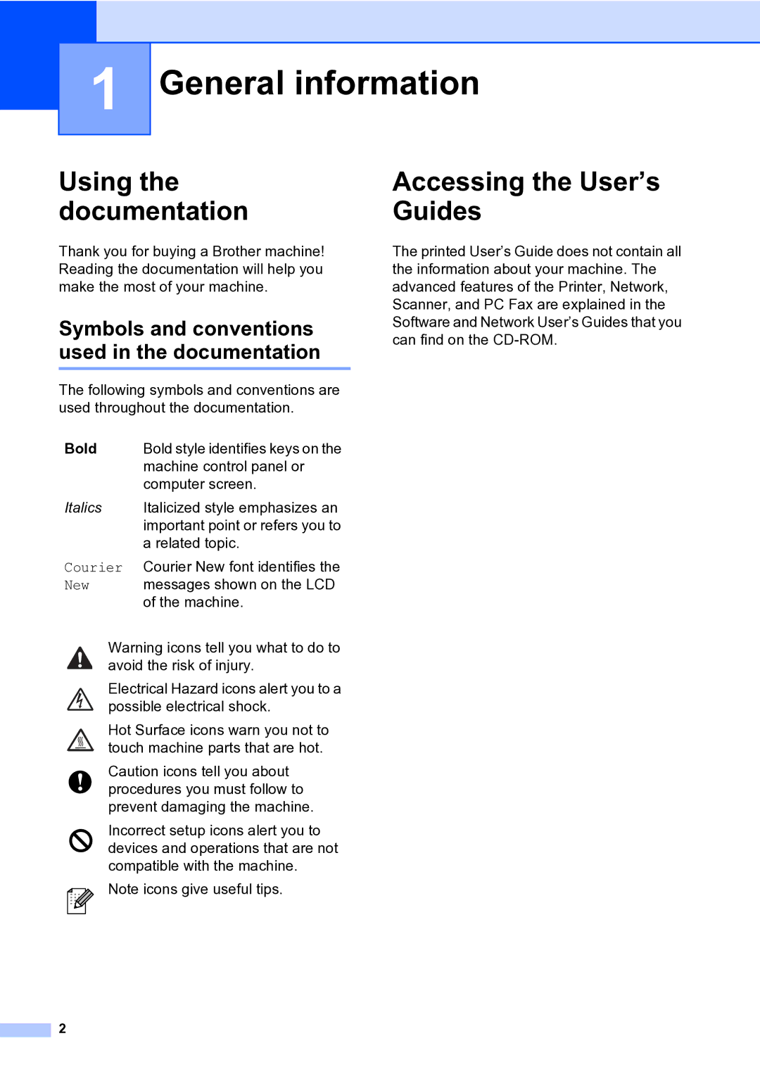 Brother MFC-9840CDW manual General information, Using the documentation, Accessing the User’s Guides, Bold 