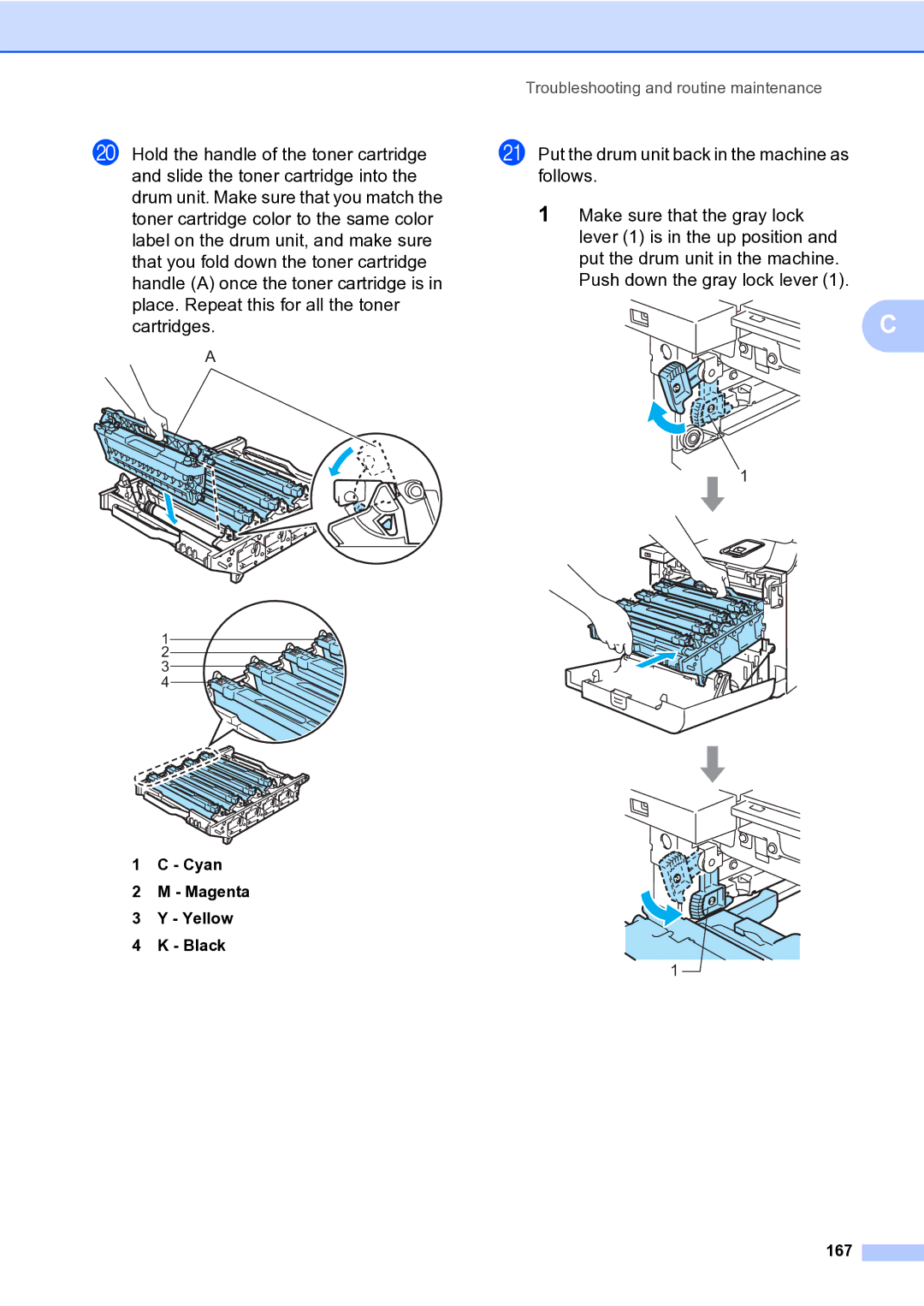 Brother MFC-9840CDW manual Cyan Magenta Yellow Black 167 