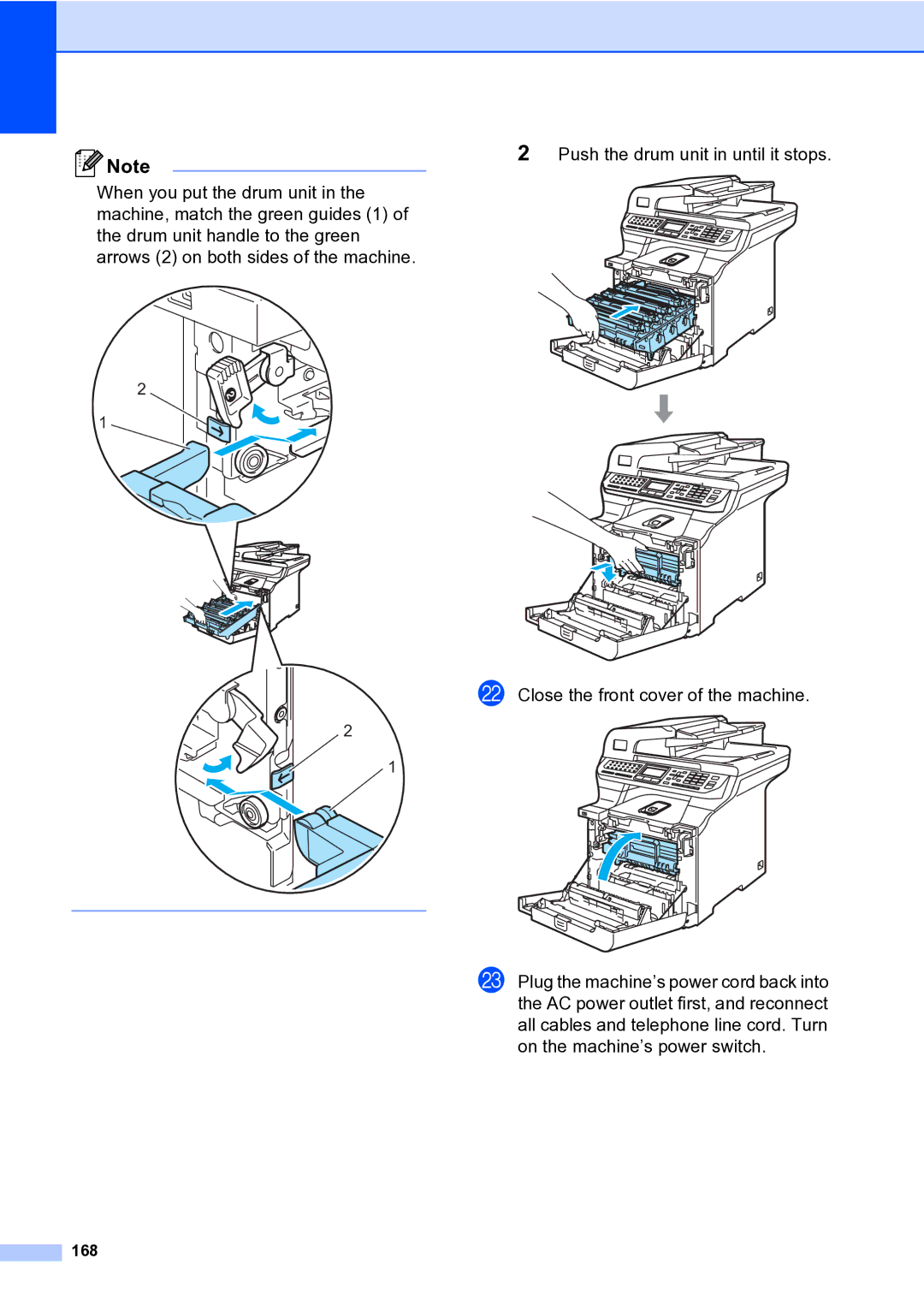 Brother MFC-9840CDW manual Push the drum unit in until it stops, 168 