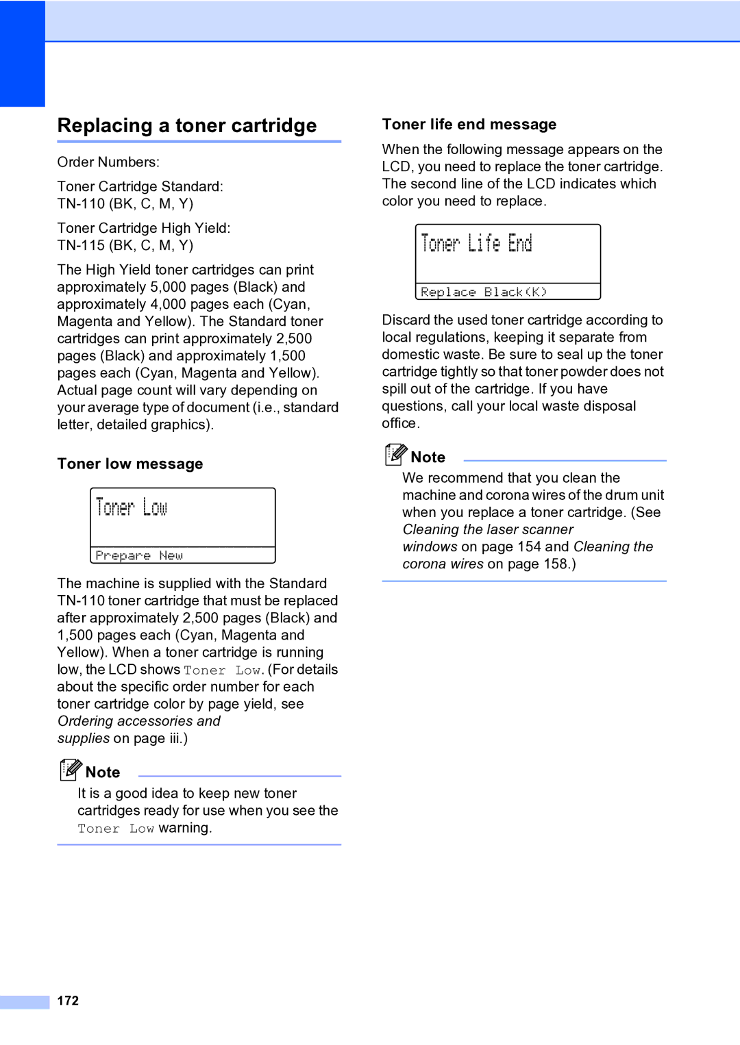 Brother MFC-9840CDW manual Replacing a toner cartridge, Toner low message, Toner life end message, 172 