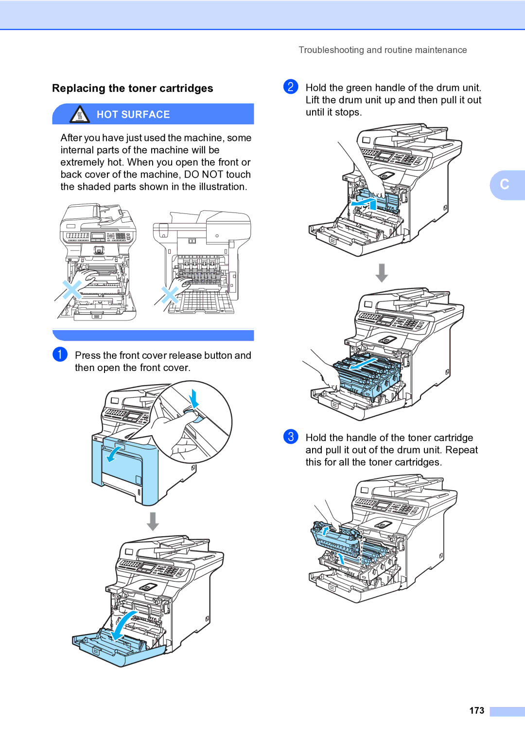 Brother MFC-9840CDW manual Replacing the toner cartridges, 173 