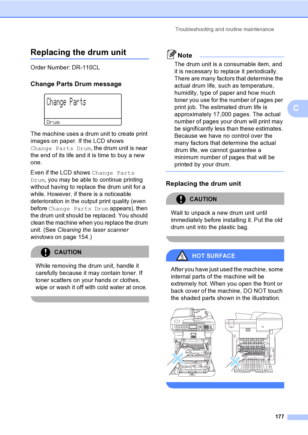 Brother MFC-9840CDW manual Replacing the drum unit, Change Parts Drum message, 177 