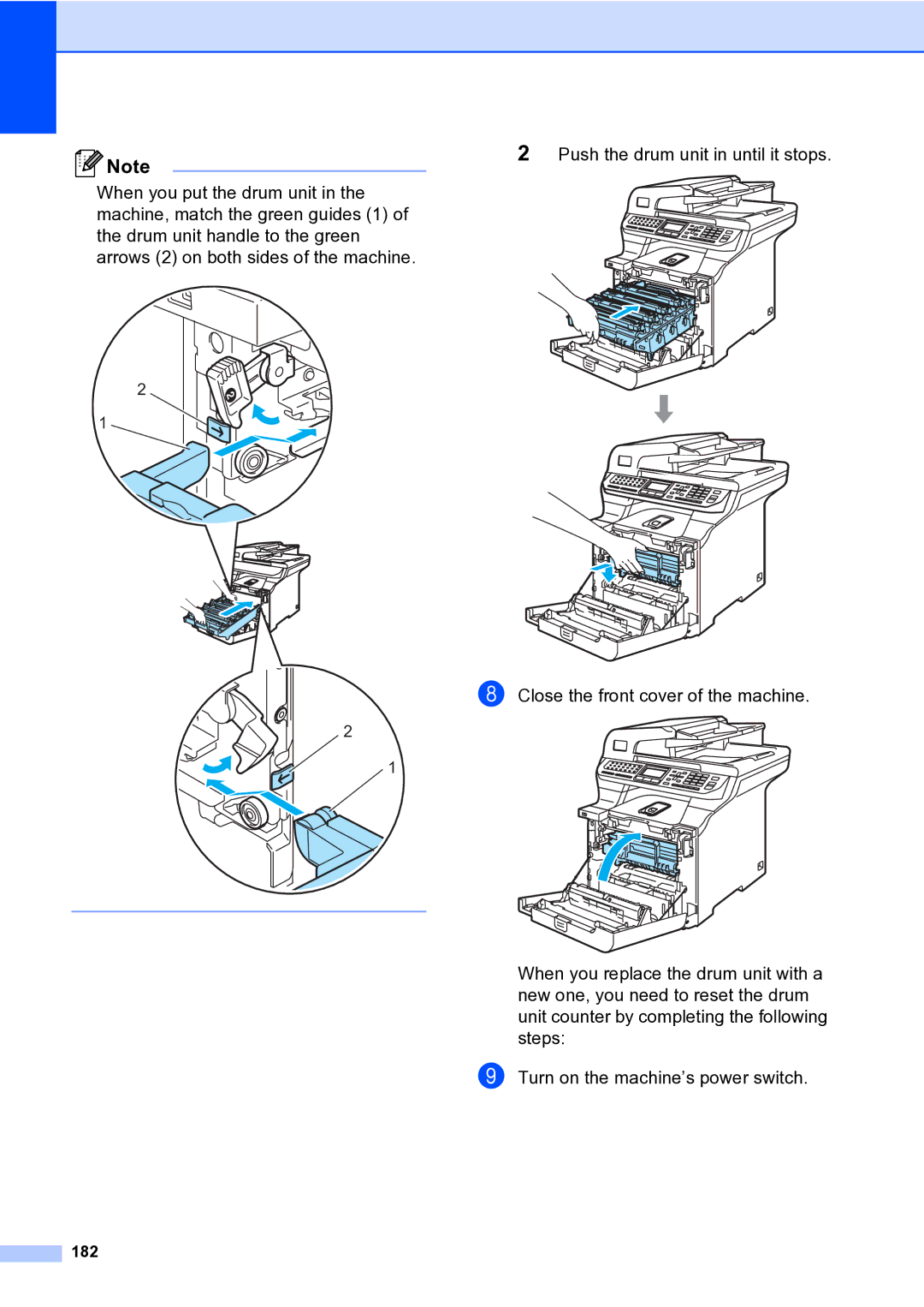 Brother MFC-9840CDW manual Push the drum unit in until it stops, 182 