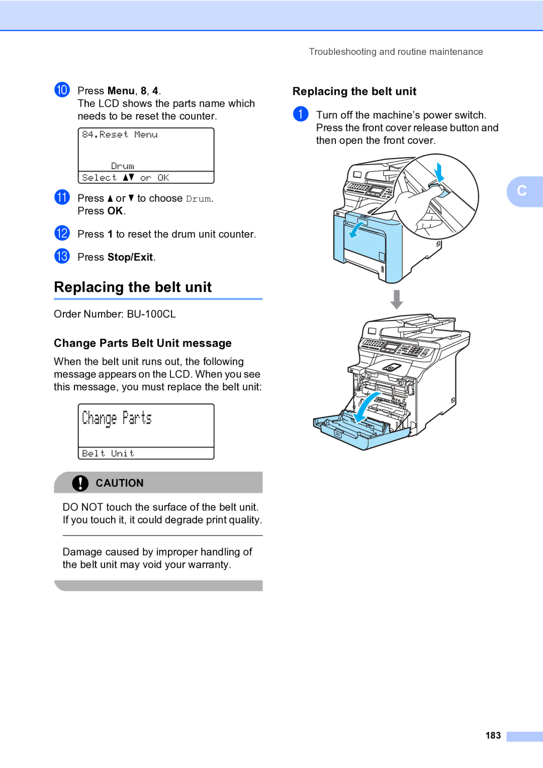 Brother MFC-9840CDW manual Replacing the belt unit, Change Parts Belt Unit message, 183 