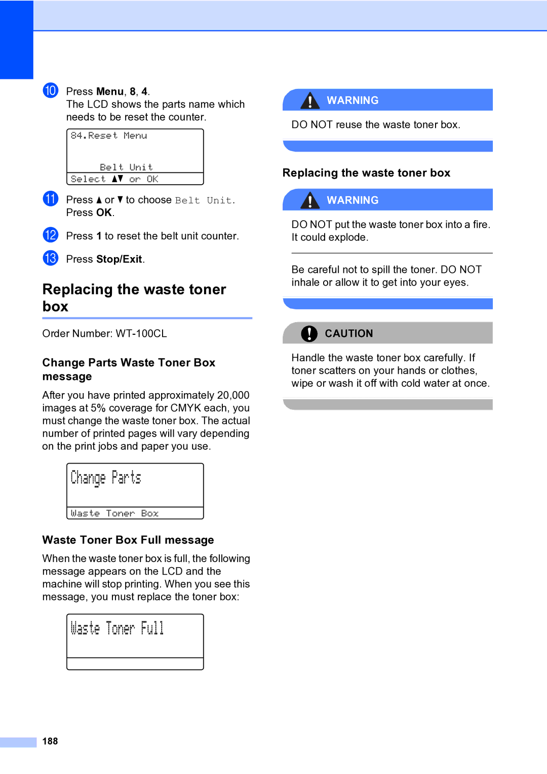 Brother MFC-9840CDW Replacing the waste toner box, Change Parts Waste Toner Box message, Waste Toner Box Full message, 188 