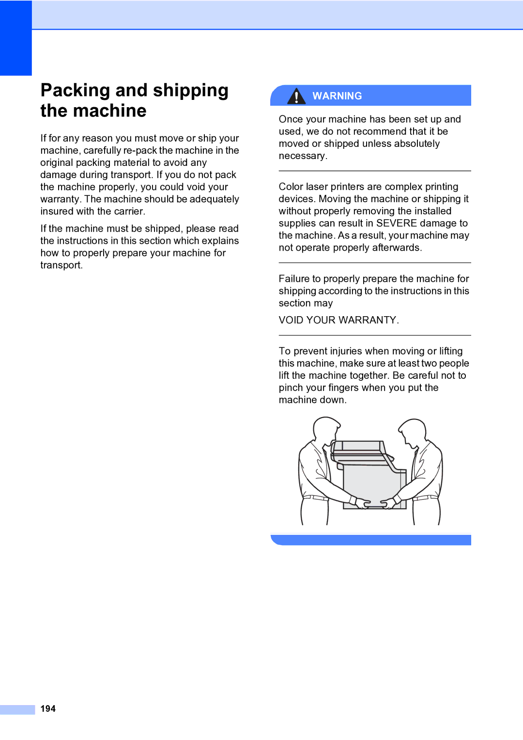 Brother MFC-9840CDW manual Packing and shipping the machine, 194 