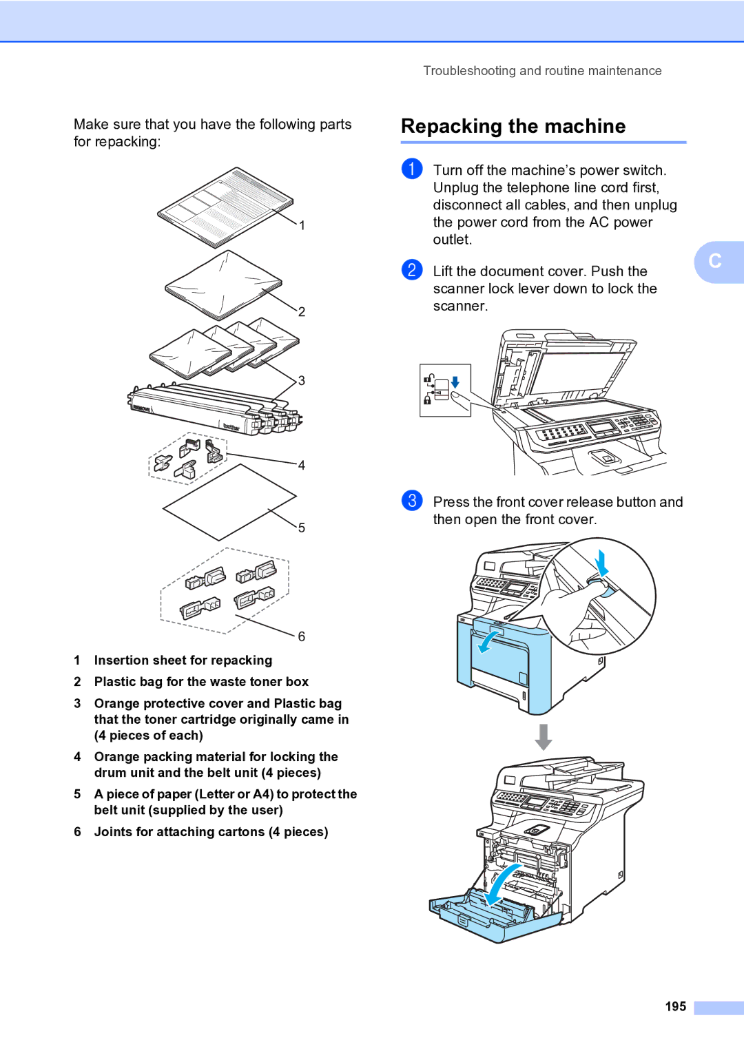 Brother MFC-9840CDW manual Repacking the machine 