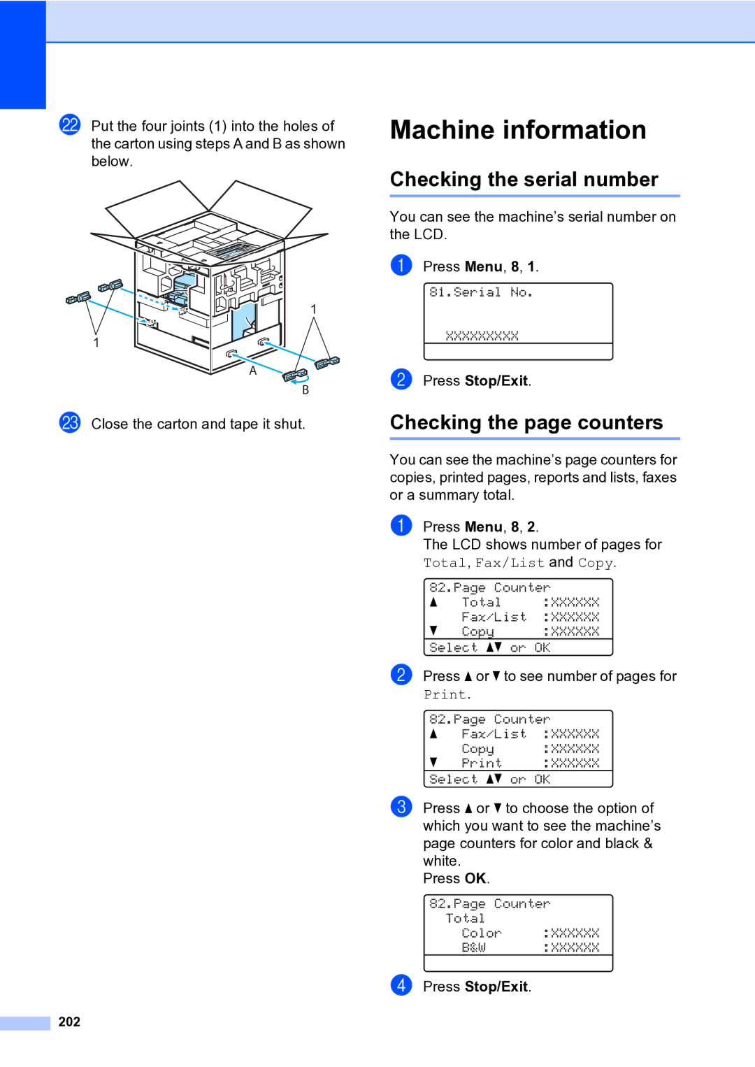 Brother MFC-9840CDW manual Machine information, Checking the serial number, Checking the page counters, 202 